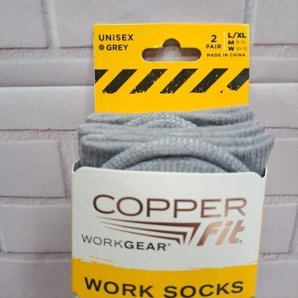 2 Pair Copper Fit Crew Length Work Socks Size L/XL (M 9-12 W 10-13) Grey Socks - Picture 2 of 8